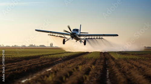 Crop Duster plane spraying crops. Spraying chemicals for accelerated crop growth. Dirty agribusiness.