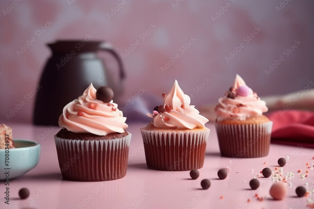 Creative food composition. Cupcakes muffins with cream frosting sprinkles on pink background. Template for product presentation display. copy text space banner