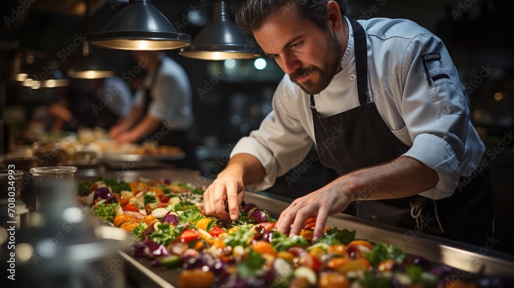 Chef carefully arranging a variety of fresh vegetables