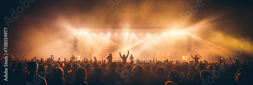 Energetic live music concert with a crowd of fans cheering and dancing under the glow of stage lights. photo