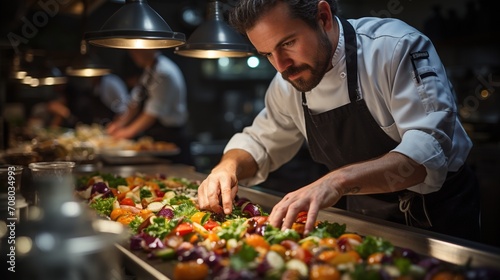 Chef carefully arranging a variety of fresh vegetables