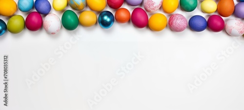 Top view of multicolored Easter eggs creating a border on a white background  leaving ample copy space. Perfect for festive social media content  print advertisements. Festive backdrop. Banner