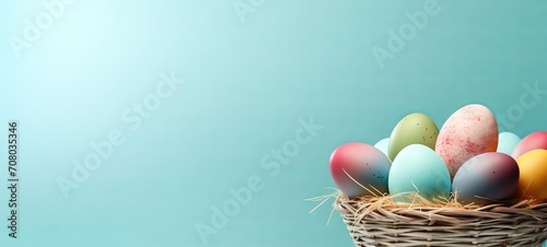 Colorful Easter eggs with intricate designs in rustic basket on light blue background. Banner with copy space. Suitable for spring holiday marketing and festive decoration visuals. Easter traditions.