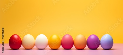 Row of Easter painted colorful eggs against a yellow background. Big Banner with copy space. Ideal for Easter promotion  spring event  holiday greeting  advertisement  festive content.