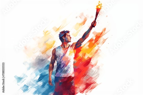 A male athlete holding the Olympic flame in the style of a watercolor drawing, an illustration of a burning torch, the concept of the international sports games