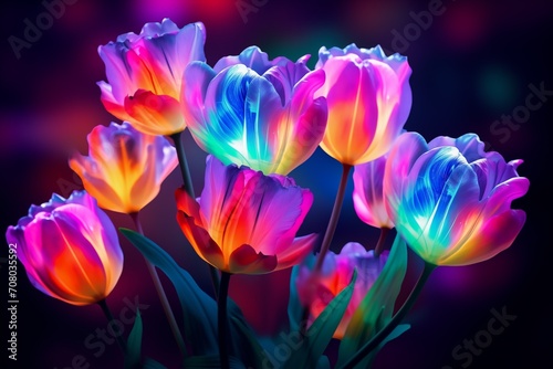 Multicolored decorative colorful tulips, illuminated by neon light, shimmer with bright colors of the rainbow