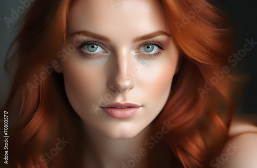 face of a red-haired girl, good detail of the facial skin, eyes in focus, in the style of serenity and calmness © Iulia