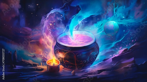 Watercolor Fantasy illustration of Magical cauldron emitting colorful smoke, against a mystical backdrop. Brewing magic potion photo