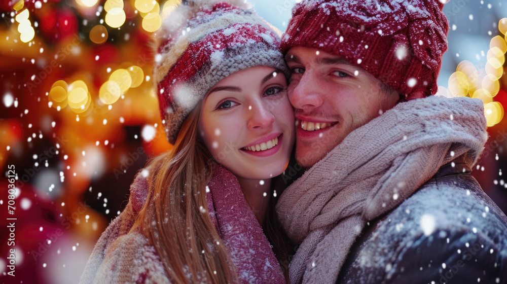 A cheerful couple, warmly dressed, enjoys hot drinks and laughter at a Christmas market, surrounded by falling snowflakes. A cheerful couple, warmly dressed, enjoys hot drinks and laughter at a Christmas market, surrounded by falling snowflakes.