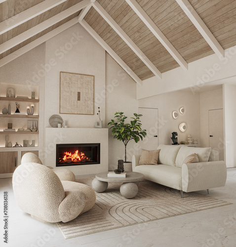 Modern living room with fireplace, beautiful furniture and rafter ceiling, 3d rendering 