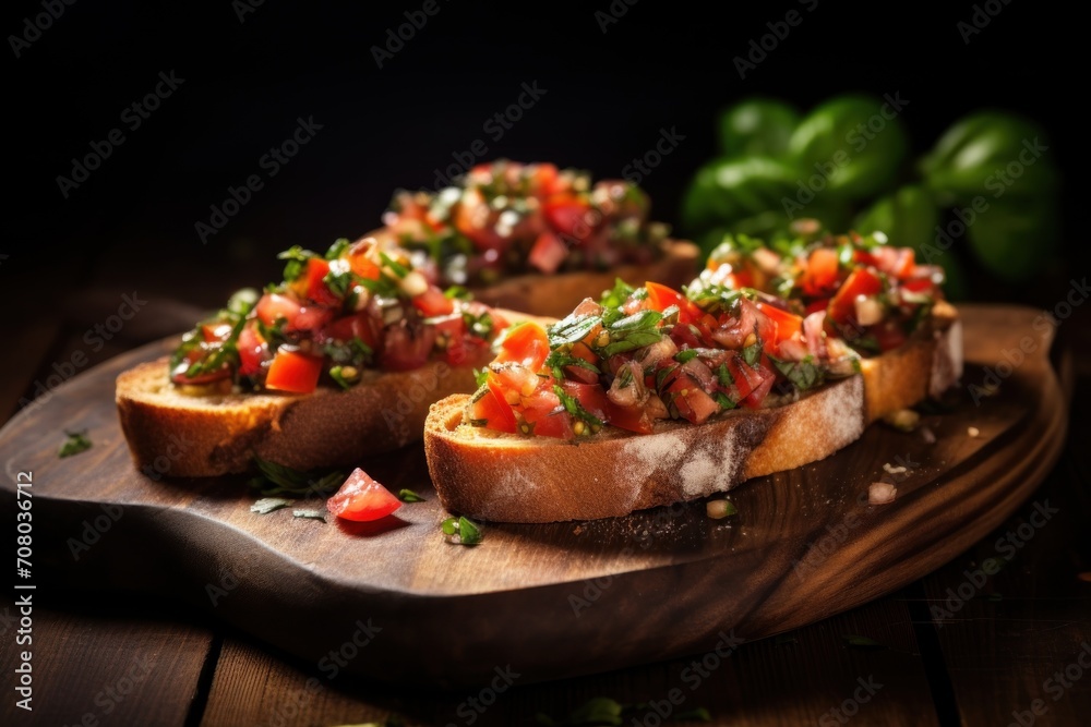  close up Italian bruschetta with tomatoes on a wooden board. toasting slices of bread.