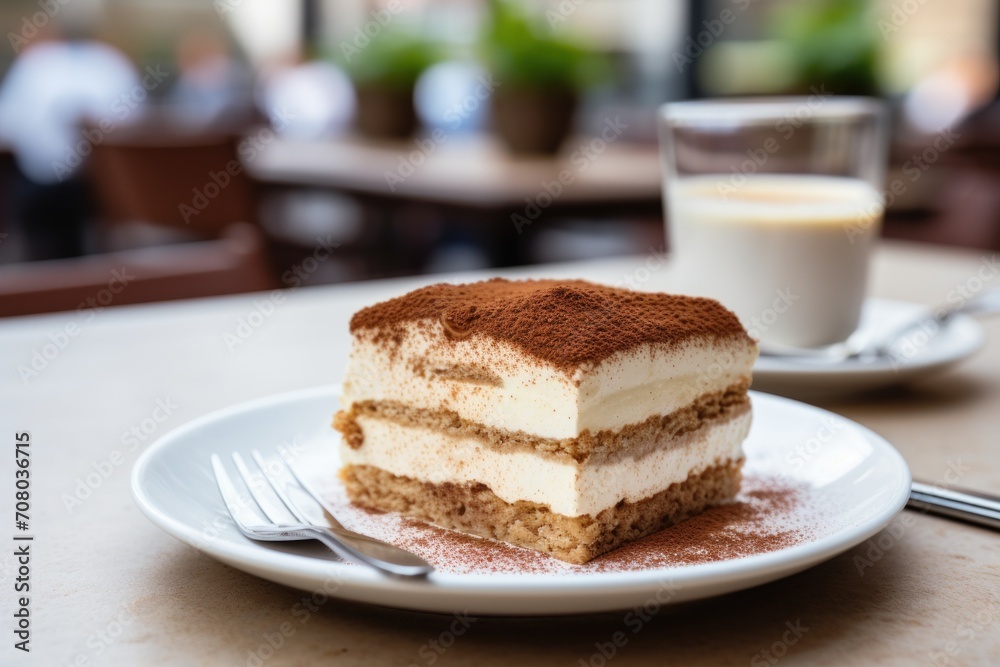 Italian dessert tiramisu on a white plate on a table in a cafe soft background Italian dessert tiramisu on a white plate on a table in a cafe soft background