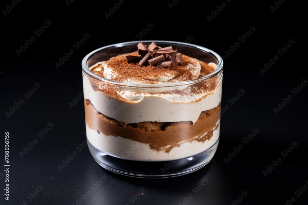 portion tiramisu in glass bowl. itallian dessert. dark background portion tiramisu in glass bowl. itallian dessert. dark background