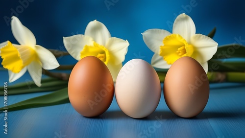 spring Easter background with eggs with white and yellow daffodil flowers on the table with a blurred spring side in the center on a blue background