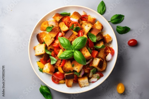  Italian veggie salad with bread.panzanella.top view. grey background