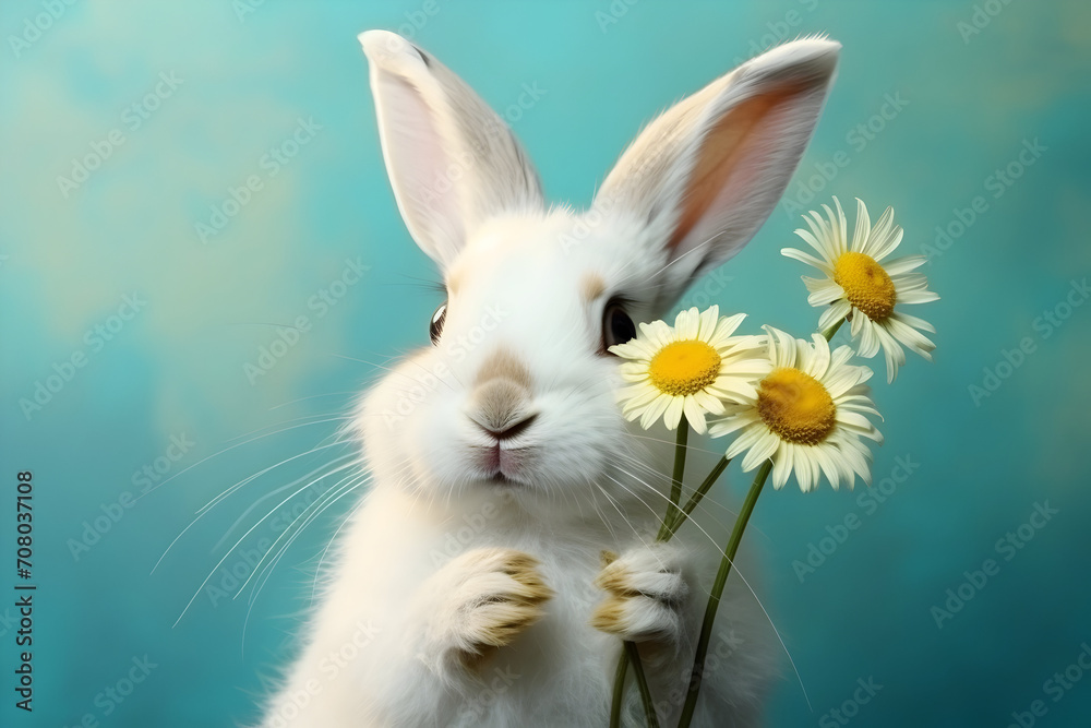rabbit on a blue background with daisies. place for text rabbit on a blue background with daisies. place for text