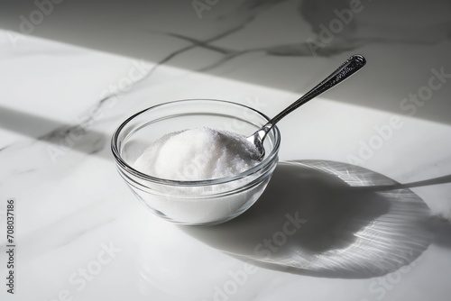 Hydrolyzed collagen powder in a glass bowl with a spoon on a white marble background in sunlight