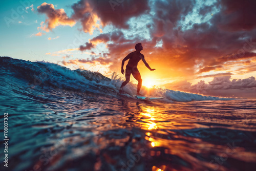 Surfer Catching Sunset Wave Generative AI © Mihai Zaharia