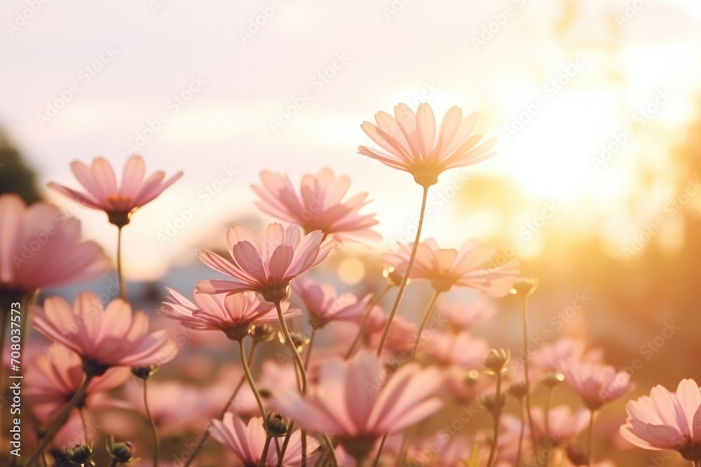 Field of pink flowers at sunset.
