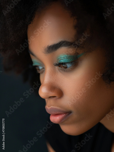 Hübsches erotisches sexy Gesicht einer afroamerikanischen Frau mit Afro Haaren und wunderschönen blauen Augen als Nahaufnahme für Poster