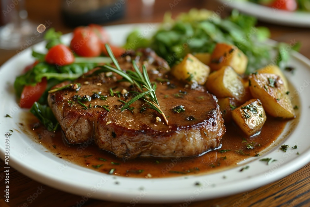 Grilled steak meal with potatoes and salad on a plate Grilled steak meal with potatoes and salad on a plate