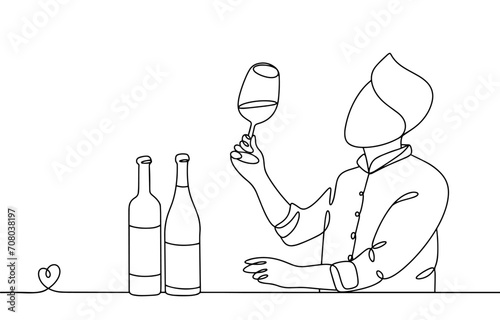 Man. Tasting. Wineglass. Wine. A bottle of wine. Job