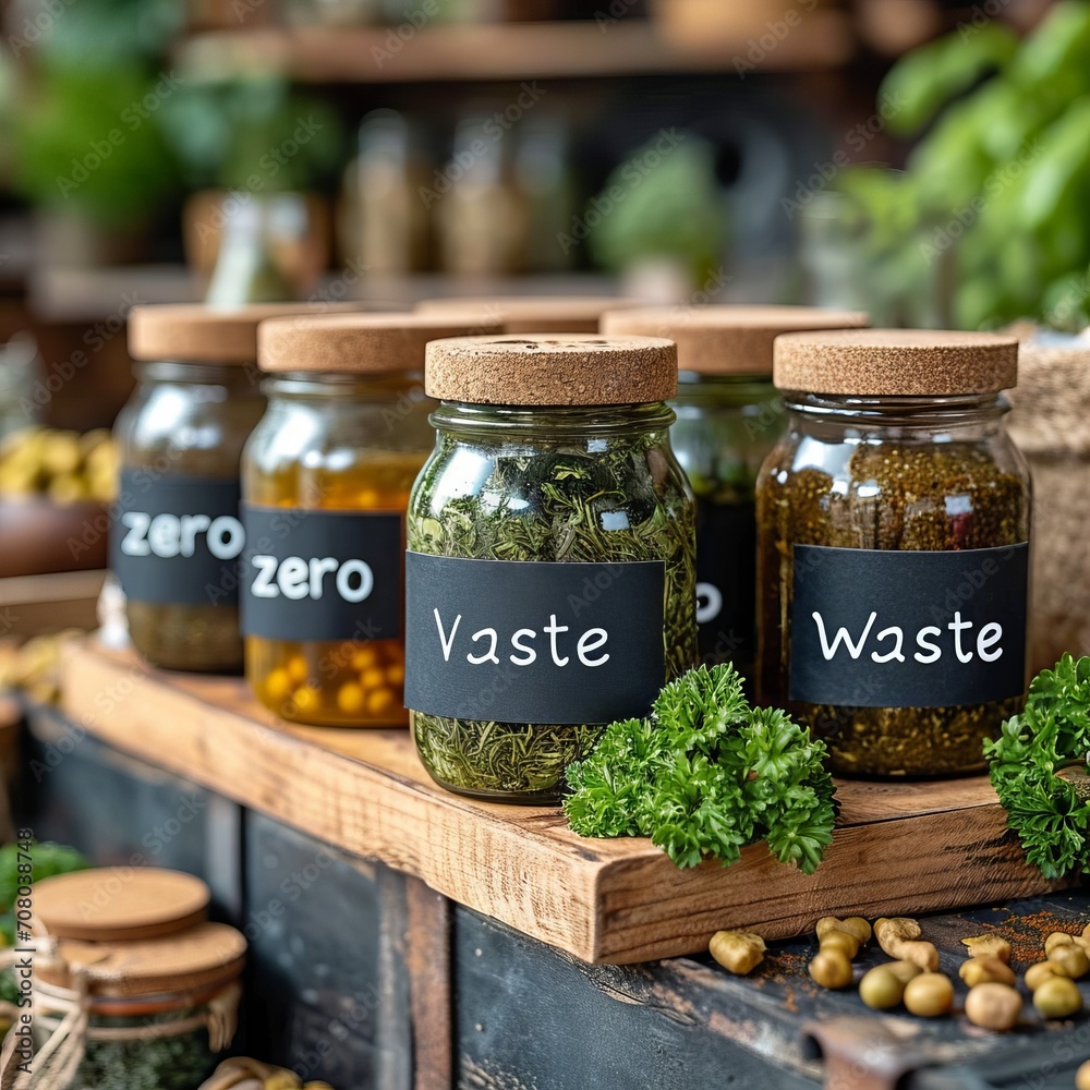 Glass jar with spices and the inscription "Zero waste". Concept