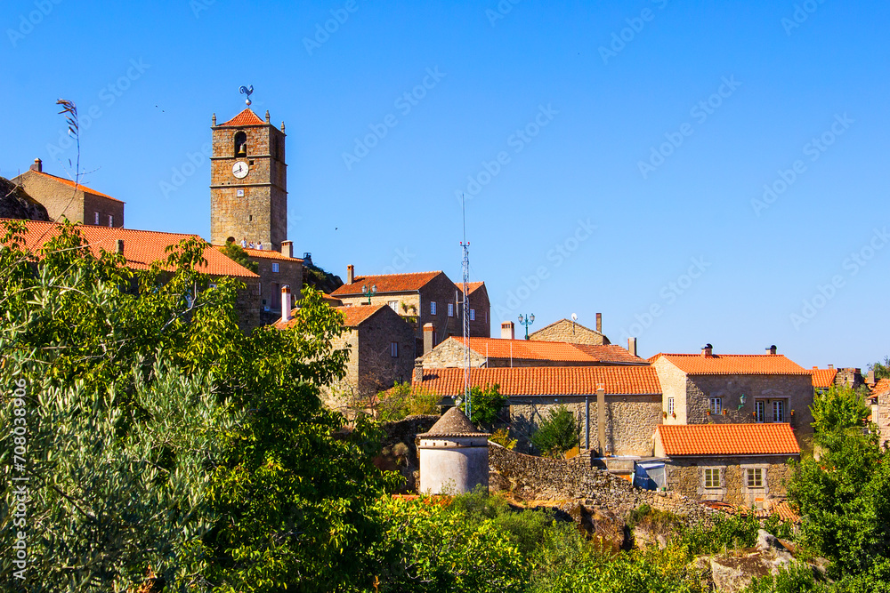 photo, background, view of the village of Monsanto with stone houses and the valley from the mountain from the Templar monastery in Portugal, Europe