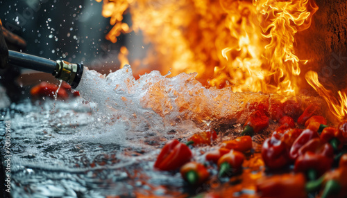 A fireman extinguishes hot chili peppers on fire with water. © Ренат Хисматулин