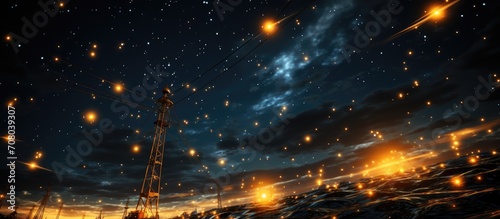 Electric transmission tower with yellow glowing cables, with a starry night sky © adiba