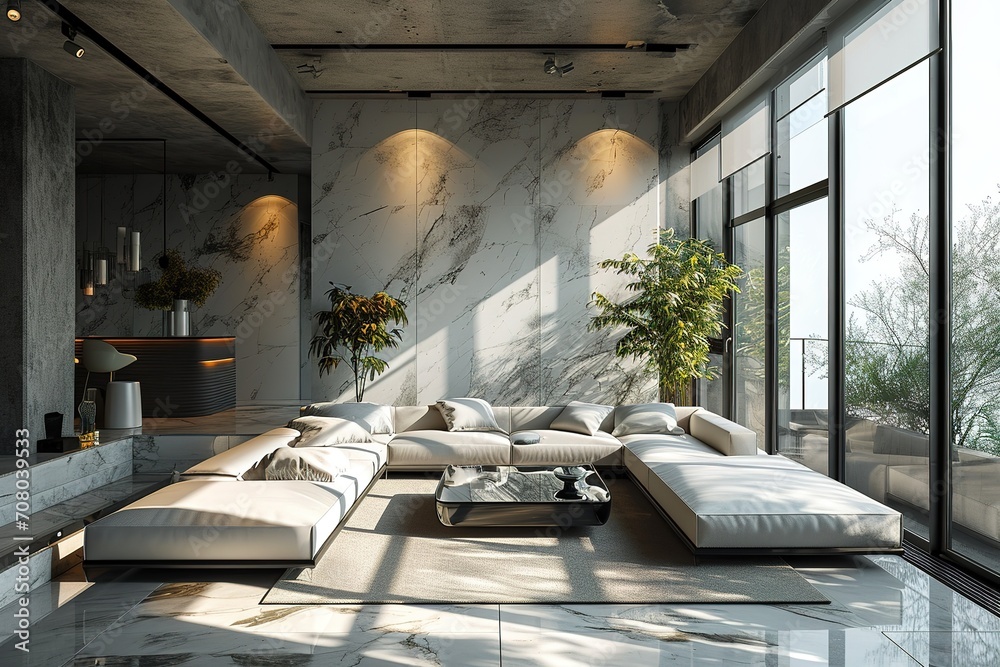 Obraz na płótnie Bright moody beautiful interior design living room with low sofa marble accent professionally styled minimal modern penthouse loft Made with w salonie