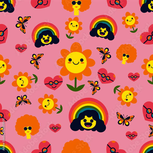 Happy cute sweet groovy hippie funny seamless wallpaper background vector.