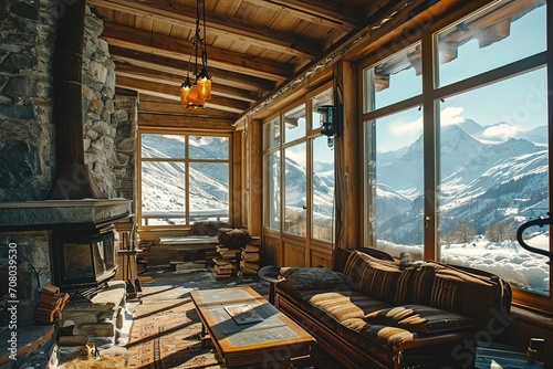 Cheminée dans l'intérieur d'un chalet de luxe en hiver avec vue sur la montagne et la neige. © interior