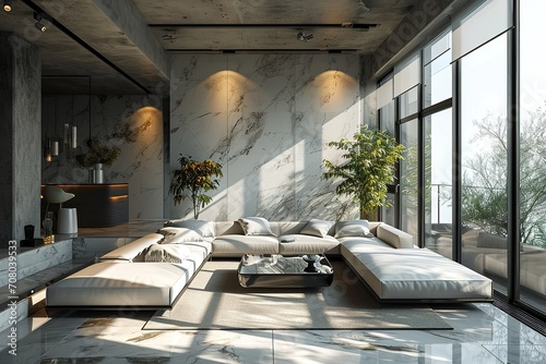 Bright moody beautiful interior design living room with low sofa marble accent professionally styled minimal modern penthouse loft Made with photo