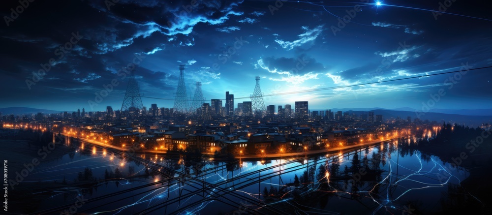 Obraz premium Electric transmission tower with blue glowing cables in the night sky