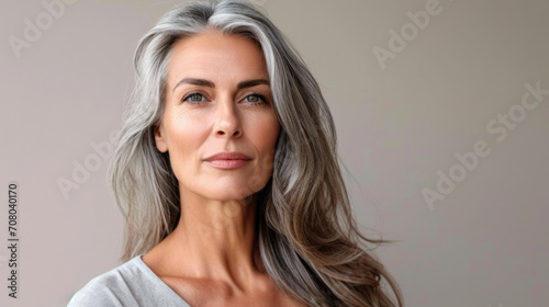 Portrait of a beautiful woman with smooth healthy face skin. Gorgeous aging mature confident woman with long gray hair and happy smiling. Beauty and cosmetics skincare advertising concept.