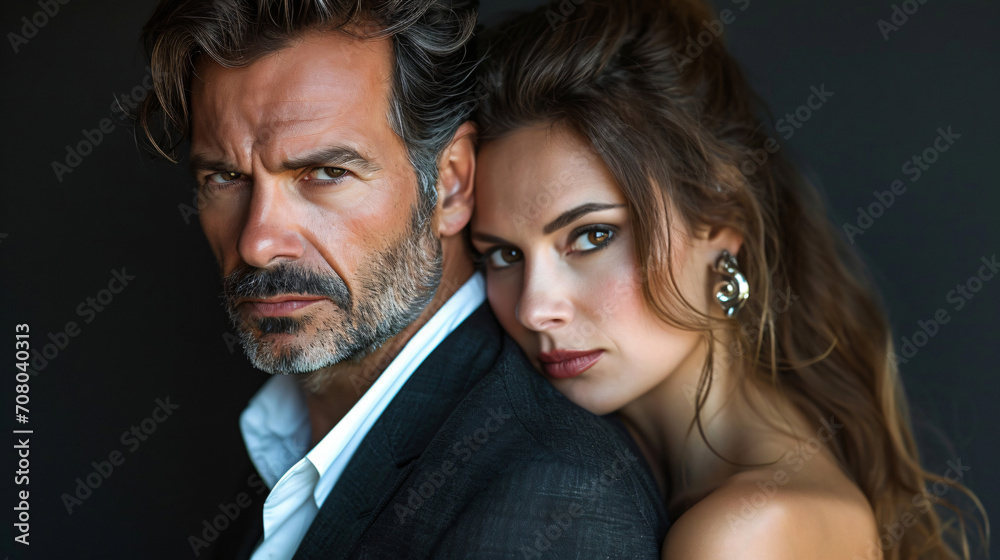 a man and woman are standing next to an empty wall, in the style of glamorous hollywood portraits, strong facial expression, soft lighting a man and woman are standing next to an empty wall, in the style of glamorous hollywood portraits, strong facial expression, soft lighting