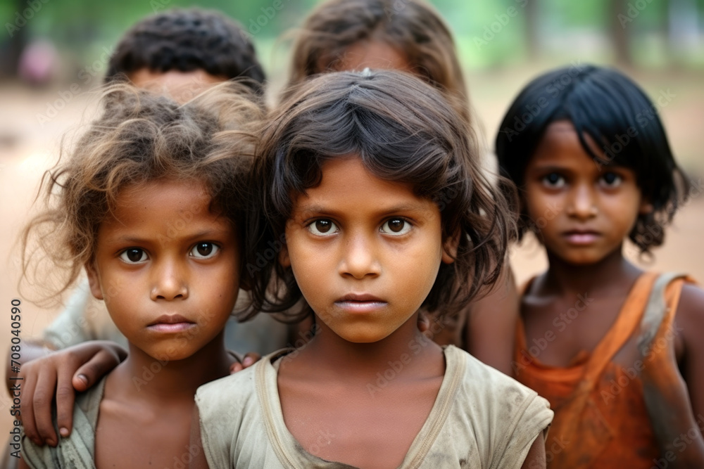 Group of four children with hopeful expressions, standing close together. Group of four children with hopeful expressions, standing close together.