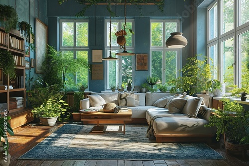 Cozy vintage living room in blue and gray tones. Stylish sofa, wooden coffee table, carpet on the wooden floor, pendant lamp, plants, home decor, large window with garden view. © interior