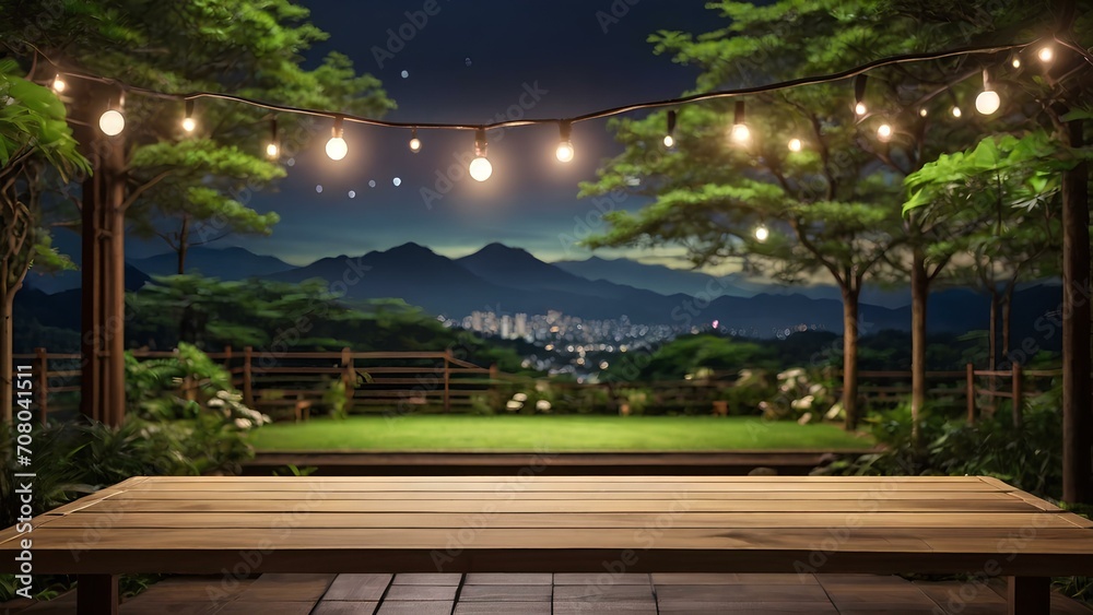 Empty Wood table top with decorative outdoor string lights hanging on tree in the garden at night time Empty Wood table top with decorative outdoor string lights hanging on tree in the garden at night time