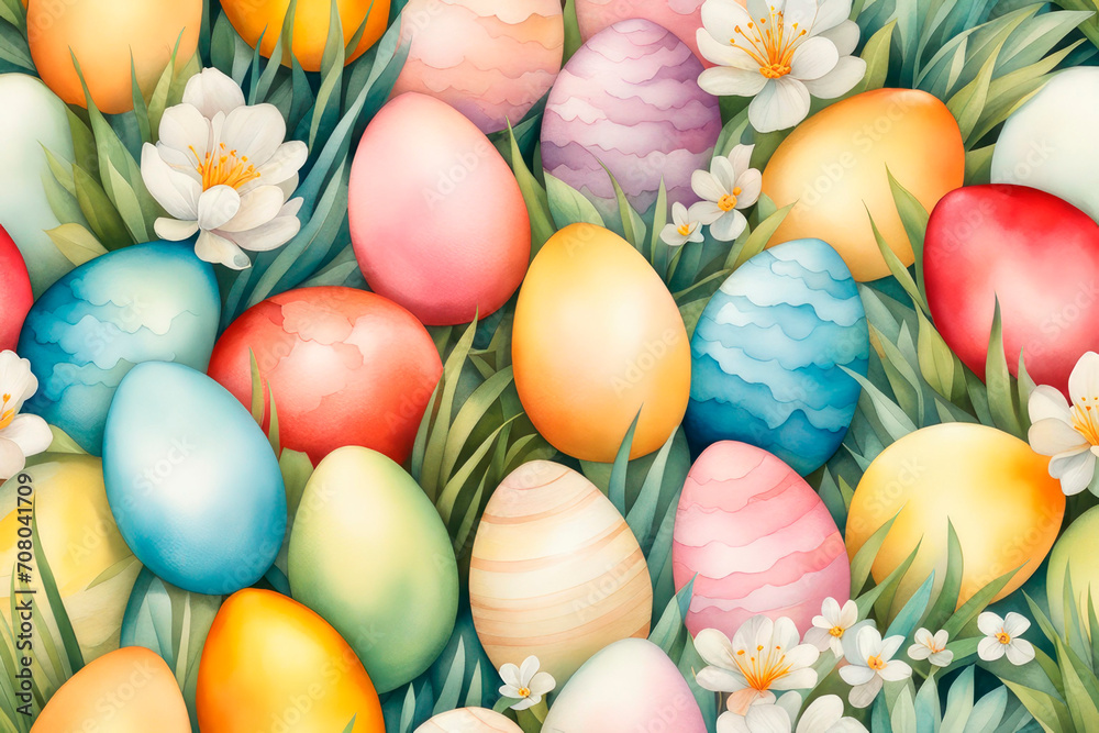 Watercolor hand drawn Easter eggs with flowers seamless pattern.