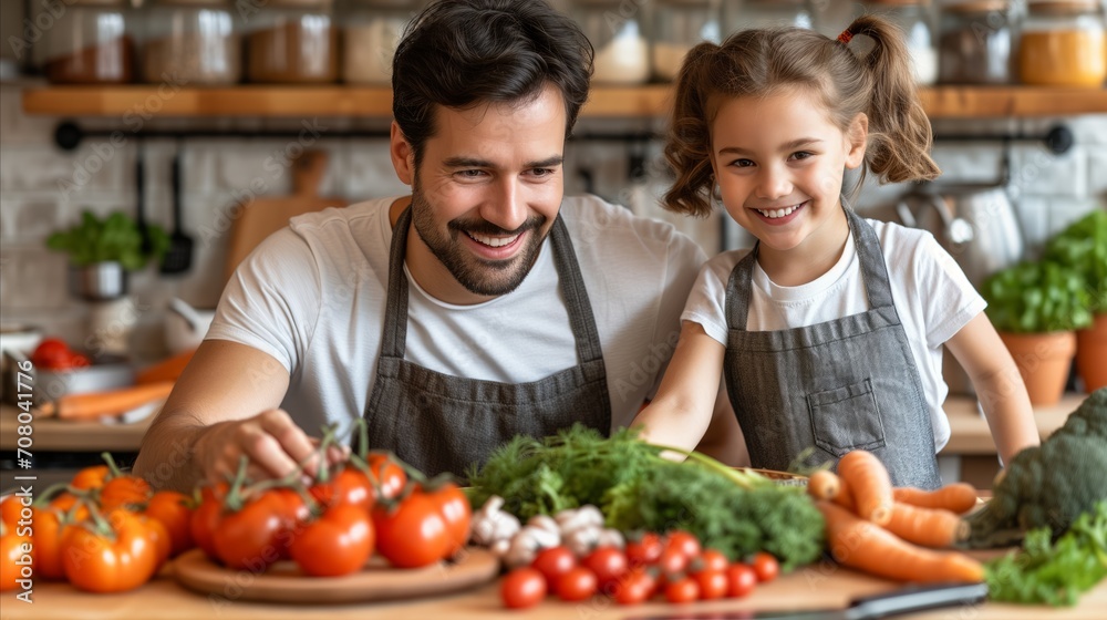 Man and Girl Standing in Front of Vegetable-Filled Table