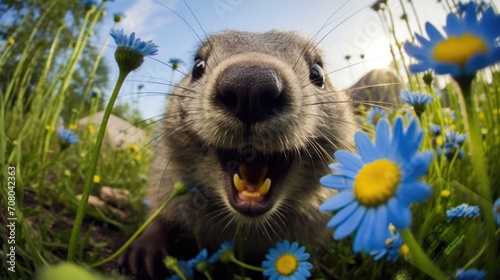 Wallpaper Mural Cute alpine marmot, groundhog standing on its paws. screams and whistling after ibernation on springtime. Groundhog day Torontodigital.ca