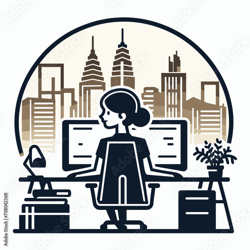 Icon of a woman secretary in modern office with city views