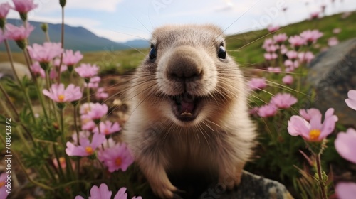 Wallpaper Mural Cute alpine marmot, groundhog standing on its paws. screams and whistling after ibernation on springtime. Groundhog day Torontodigital.ca