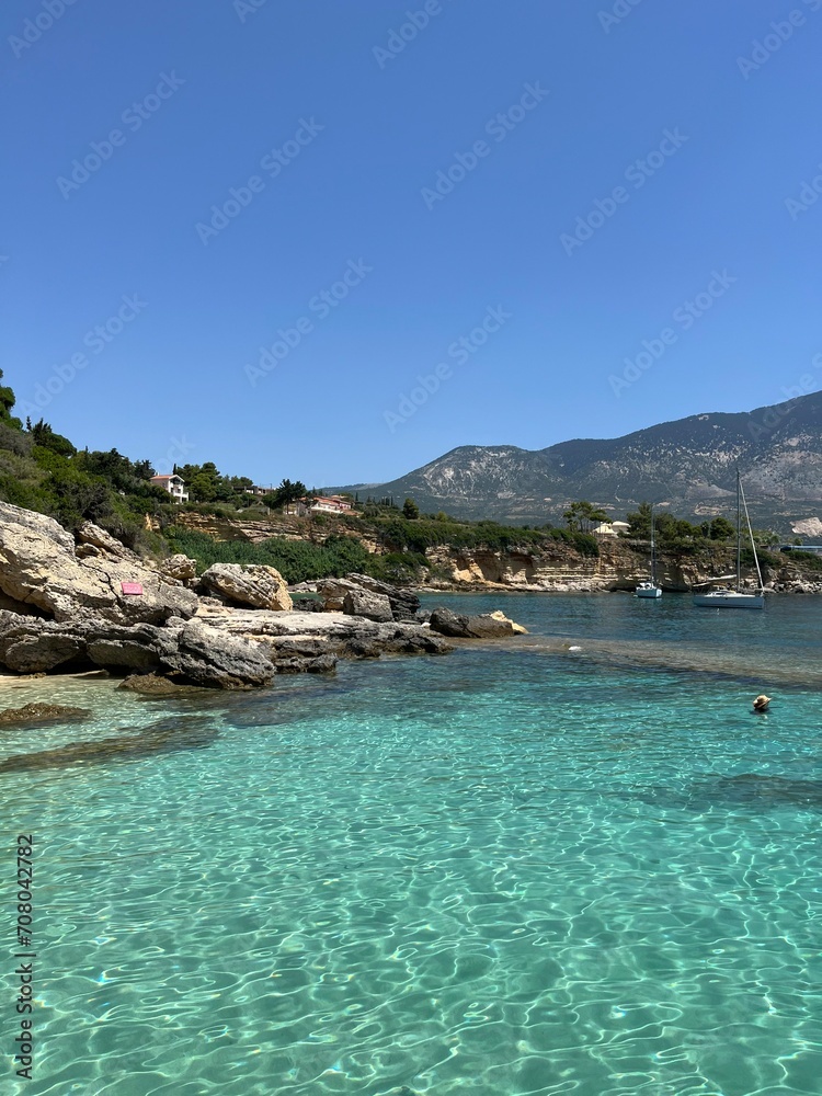Turquoise clear waters of Ionian Sea on the Pessada beach, Kefalonia island, Greece