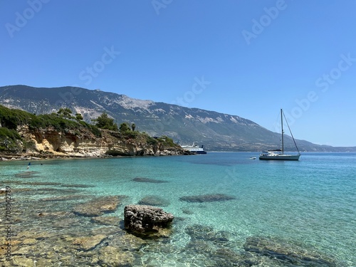 Turquoise clear waters of Ionian Sea on the Pessada beach, Kefalonia island, Greece photo