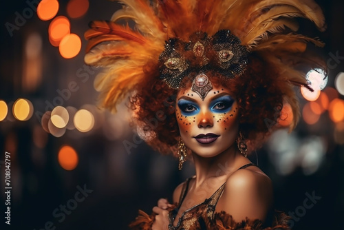 Beautiful woman in carnival costume and feathers at chic carnival against background of bokeh and fireworks