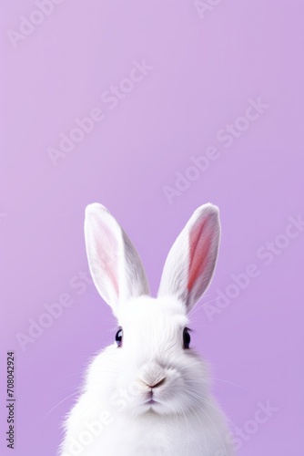 White rabbit on lilac background easter card with copy space