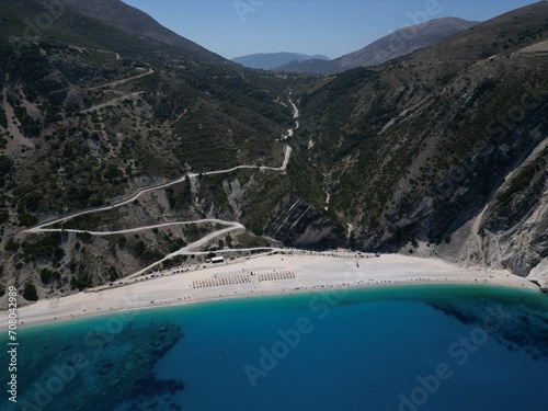 Drone view of Myrtos beach, Kefalonia island, Greece, Ionian Sea